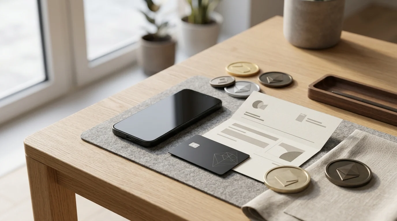 A payment card, smartphone and abstract crypto tokens arranged on a clean desk