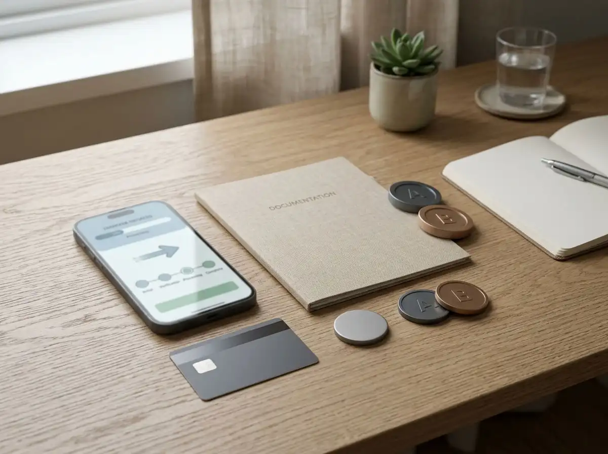 A neutral desk with a smartphone, plain payment card, verification folder and abstract transfer symbols arranged as a cashout process